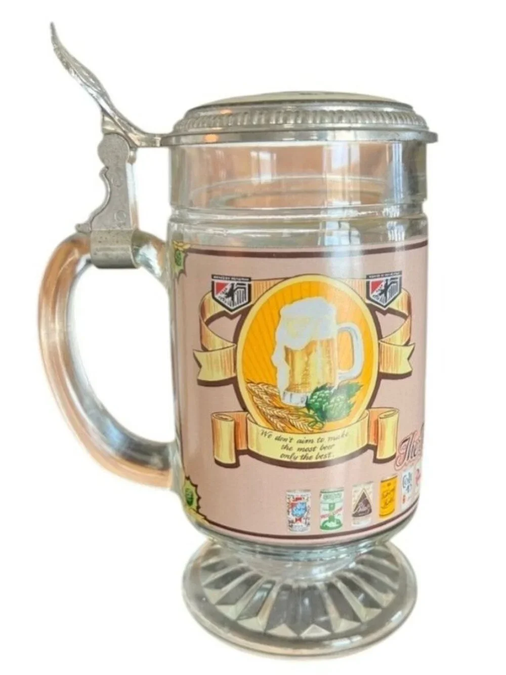 Vintage G. Heilman Brewing Company beer stein, clear glass body, metal lid
